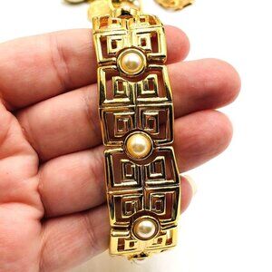 KJL Kenneth Lane Womens Bracelet Gold Tone Faux Pearl 8 Inch Vintage Greek Key